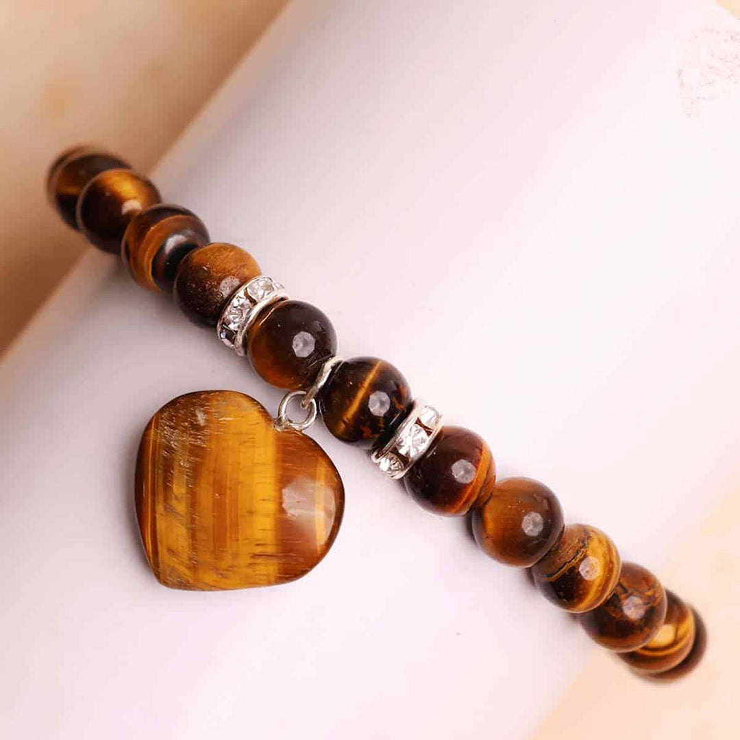 Tiger Eye Bracelet With Mini Heart Charm (8MM)