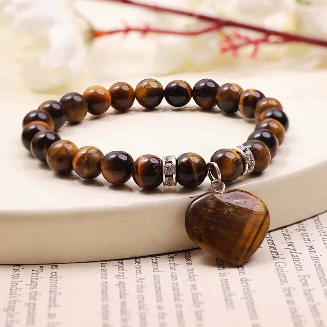 Tiger Eye Bracelet With Mini Heart Charm (8MM)