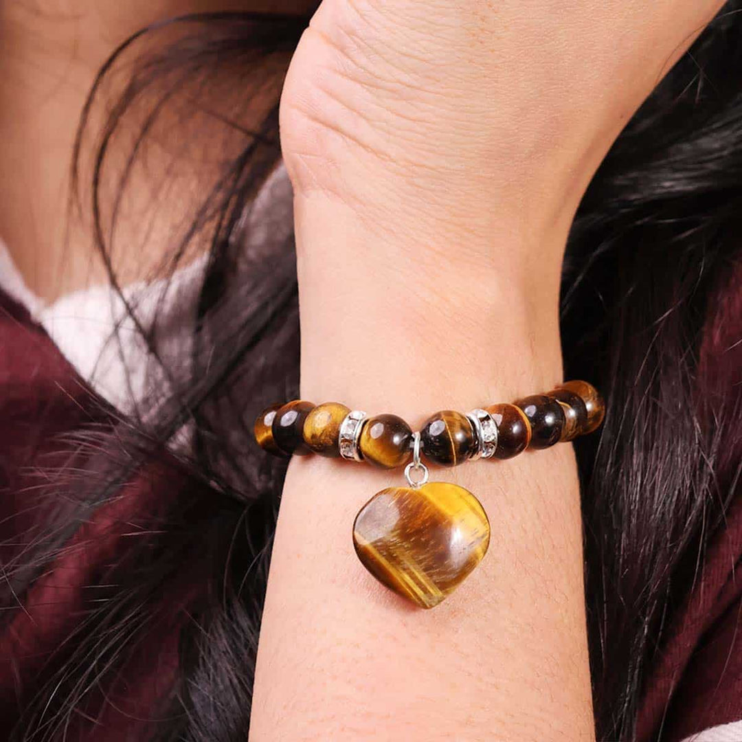 Tiger Eye Bracelet With Mini Heart Charm (8MM)