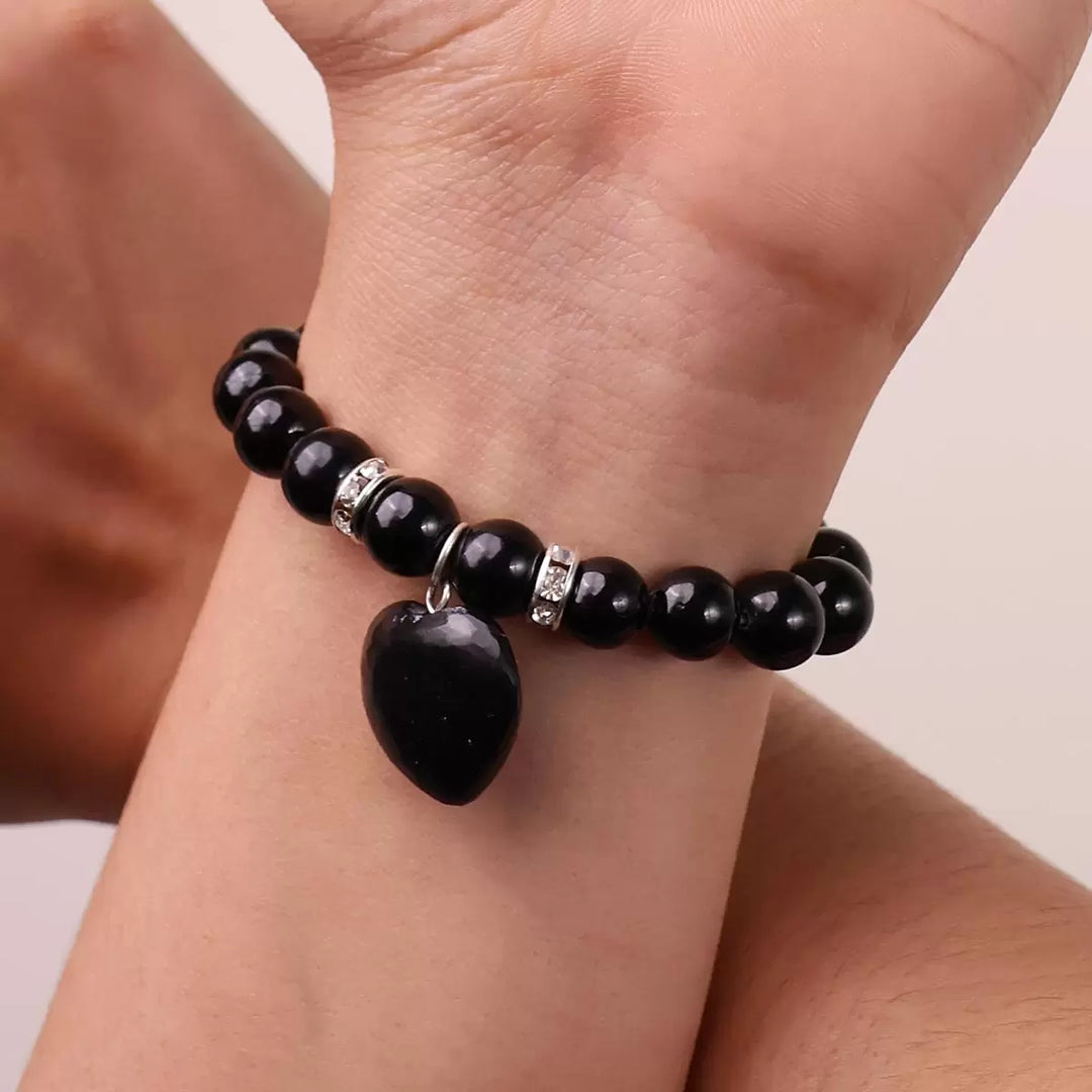 Black Tourmaline Bracelet With Mini Heart Charm