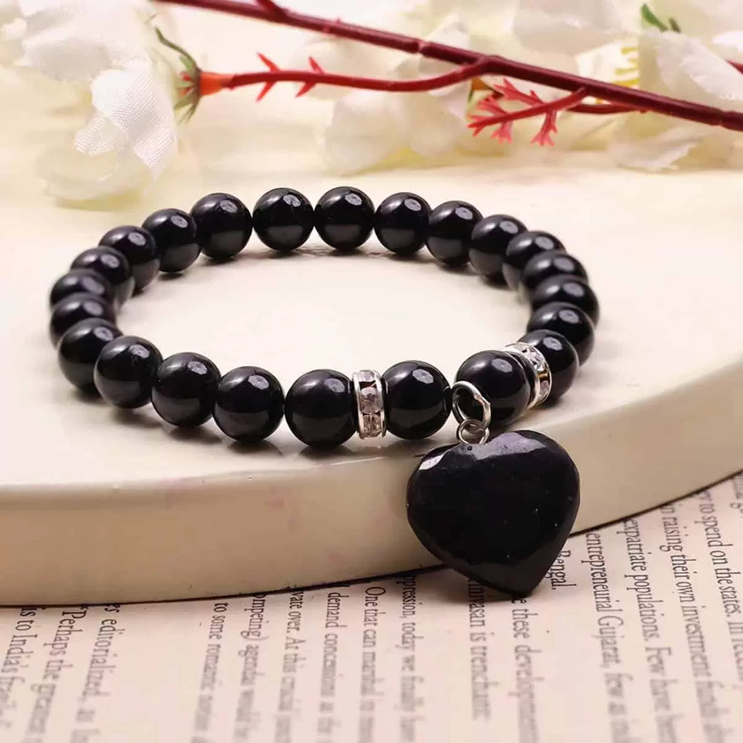 Black Tourmaline Bracelet With Mini Heart Charm