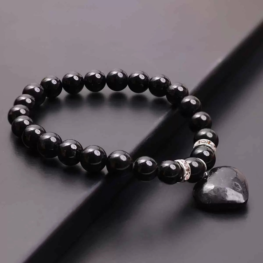 Black Tourmaline Bracelet With Mini Heart Charm