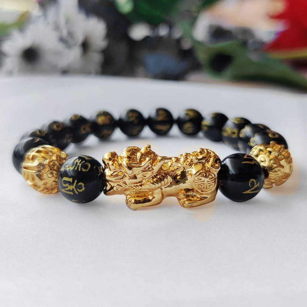 Black Onyx Om Mani Pixiu Dragon Bracelet 10mm