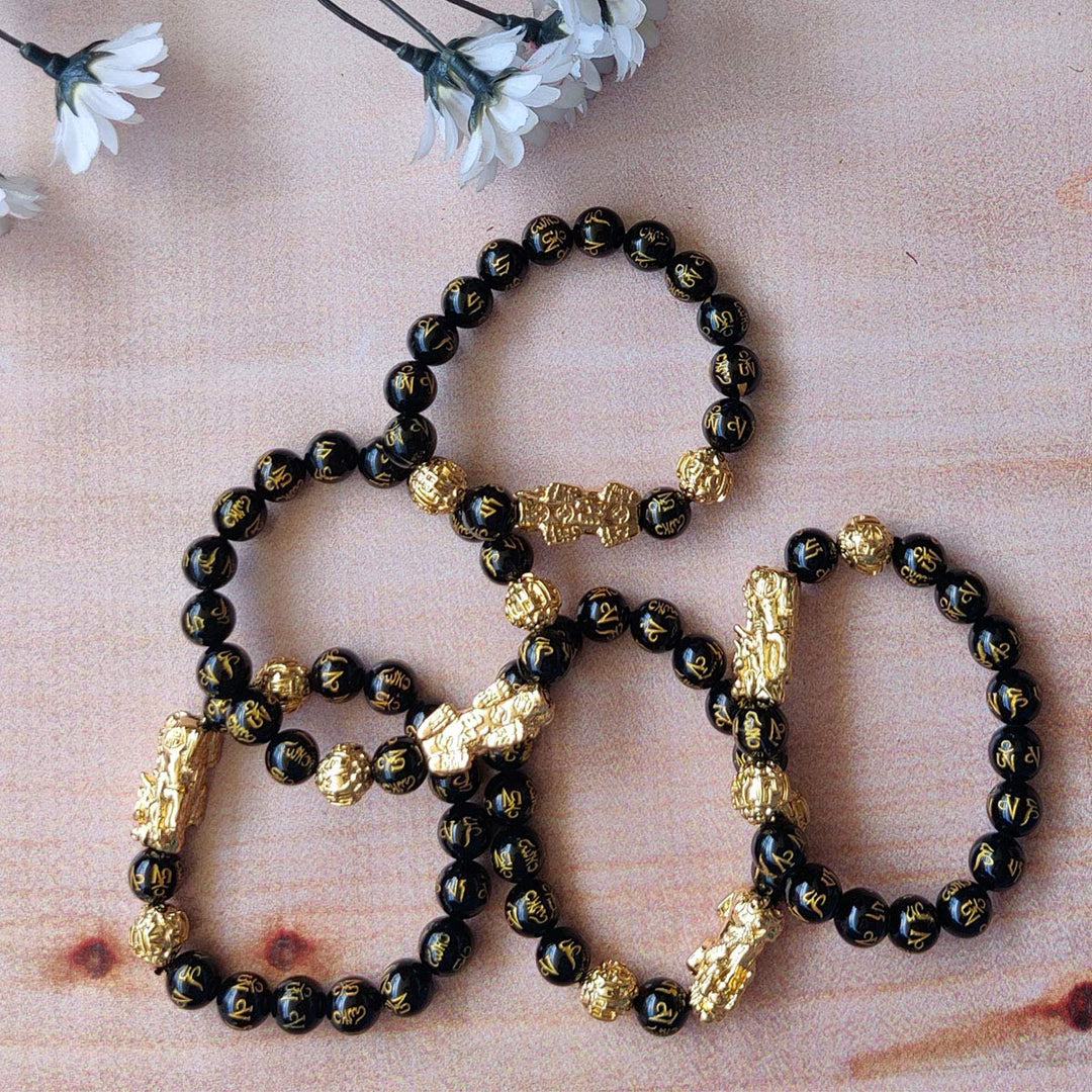 Black Onyx Om Mani Pixiu Dragon Bracelet 10mm