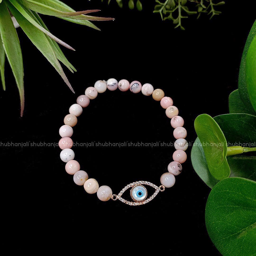 Pink Opal Evil Eye Bracelet (6mm)