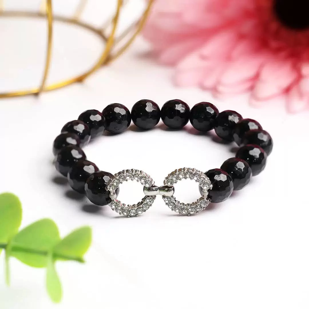 Black Tourmaline Faceted Beads Infinity Charm Bracelet