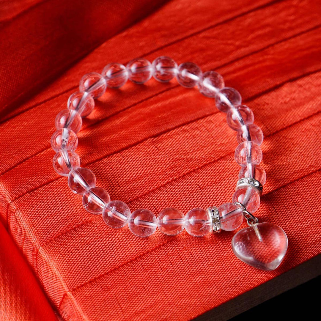 Clear Quartz Bracelet With Mini Heart Charm (8MM)