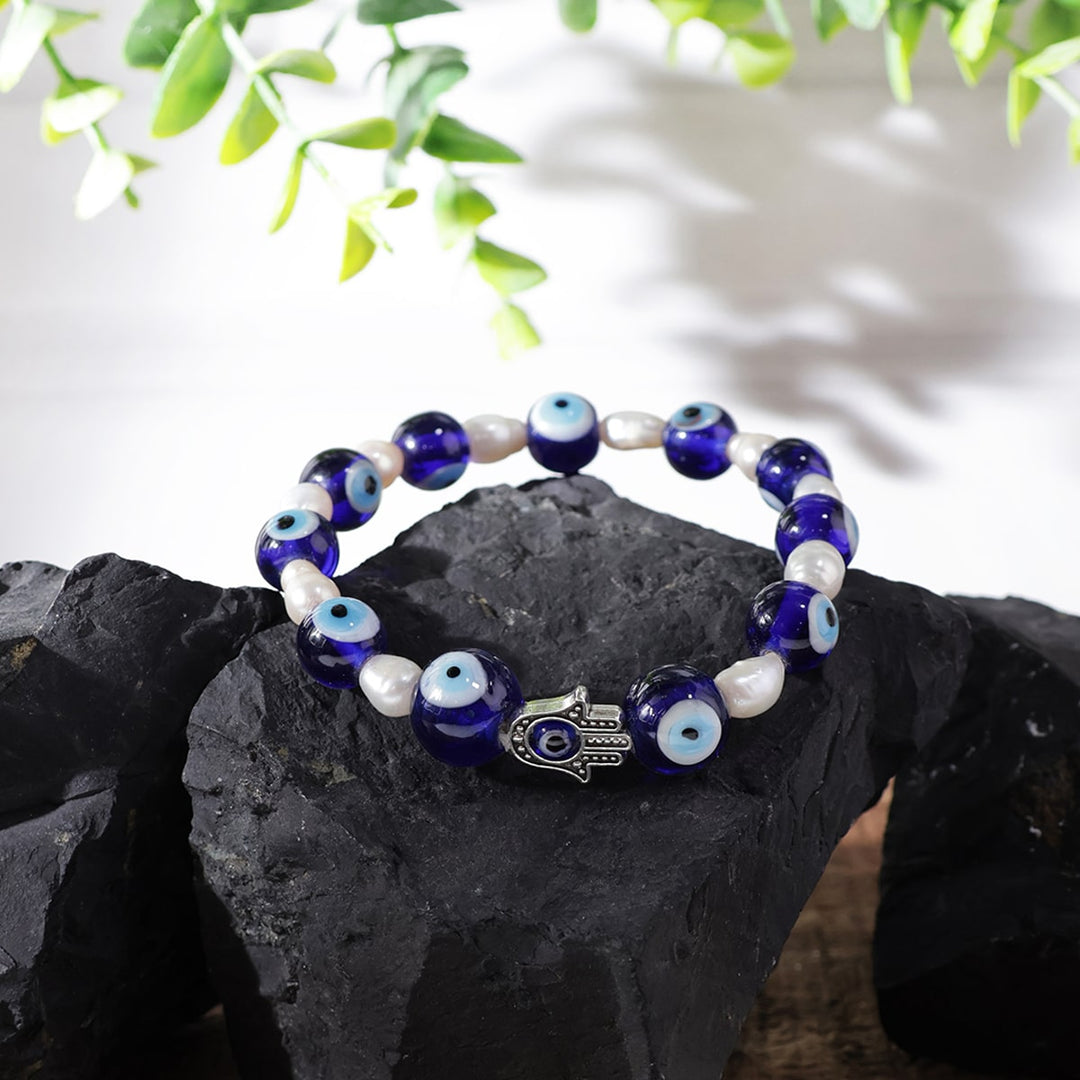 Evil Eye Pearl Hamsa Hand Bracelet