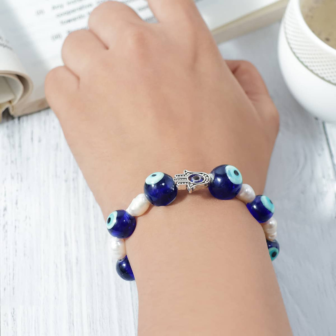 Evil Eye Pearl Hamsa Hand Bracelet