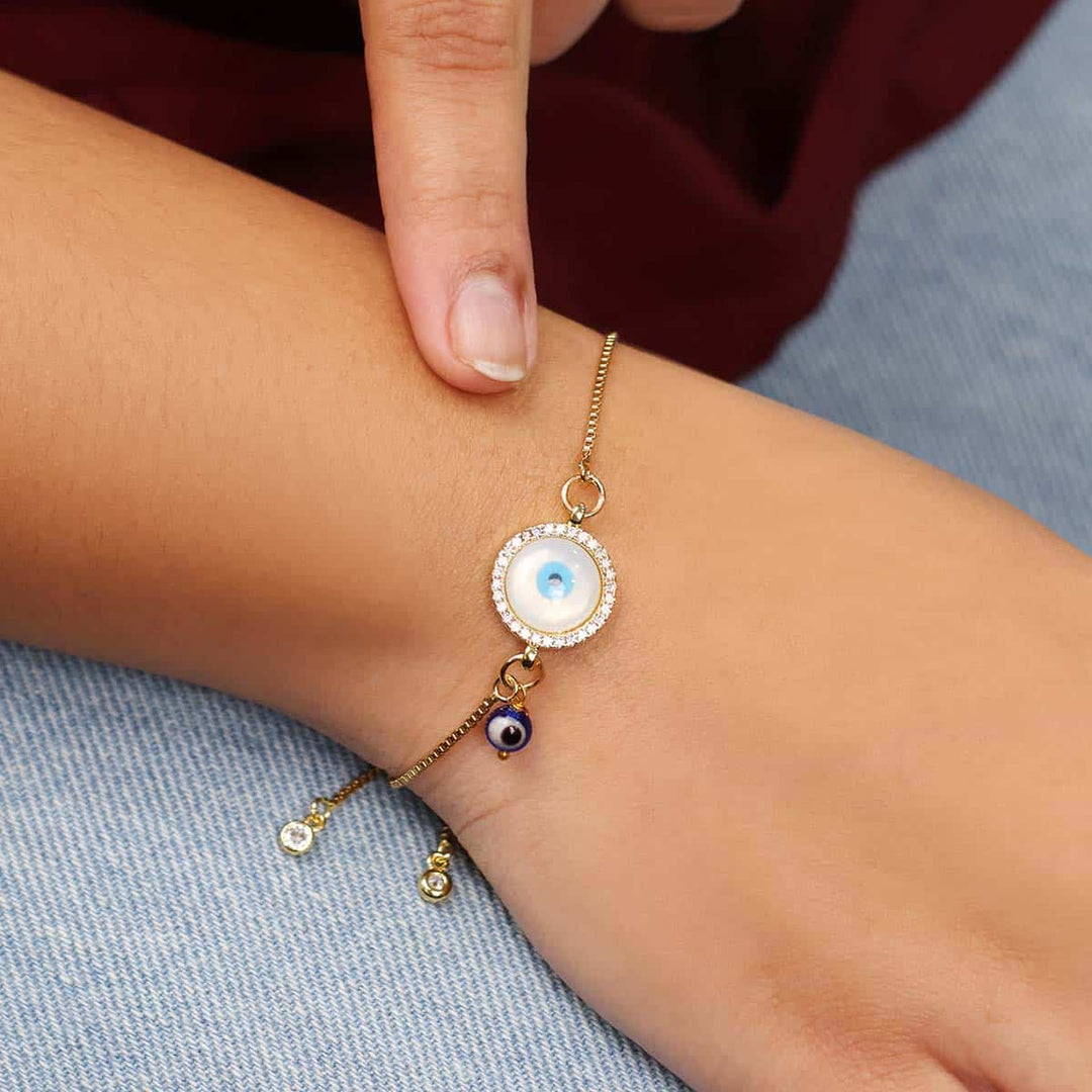 Evil Eye Pearl Charm Golden Chain Bracelet
