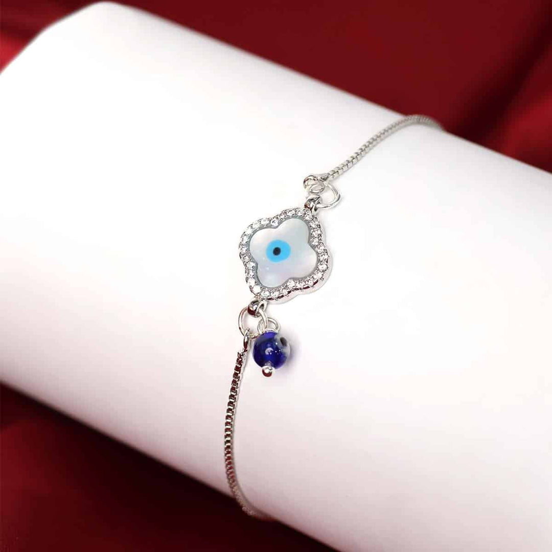 Evil Eye Pearl Charm Silver Chain Bracelet