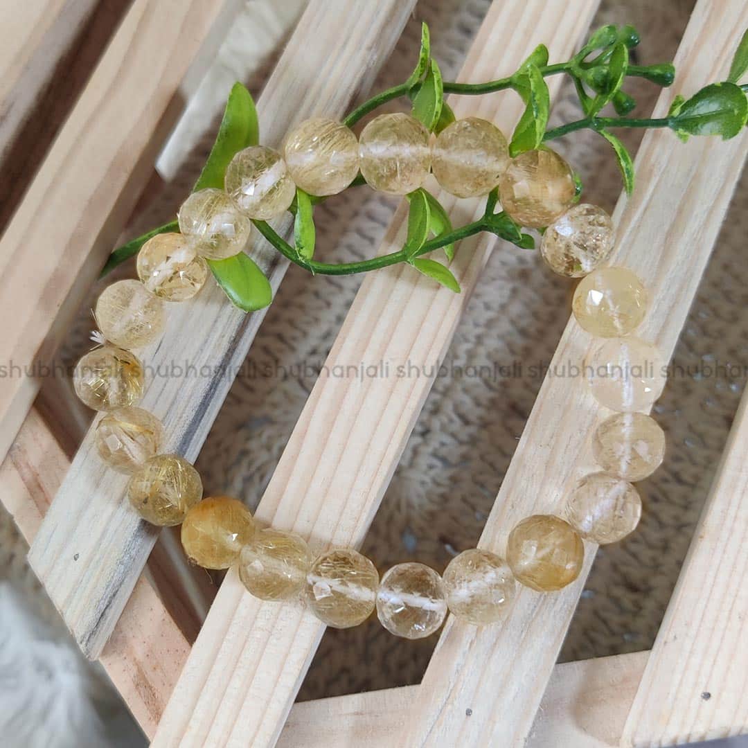 Golden Rutilated Quartz Faceted Cut Elastic Bracelet