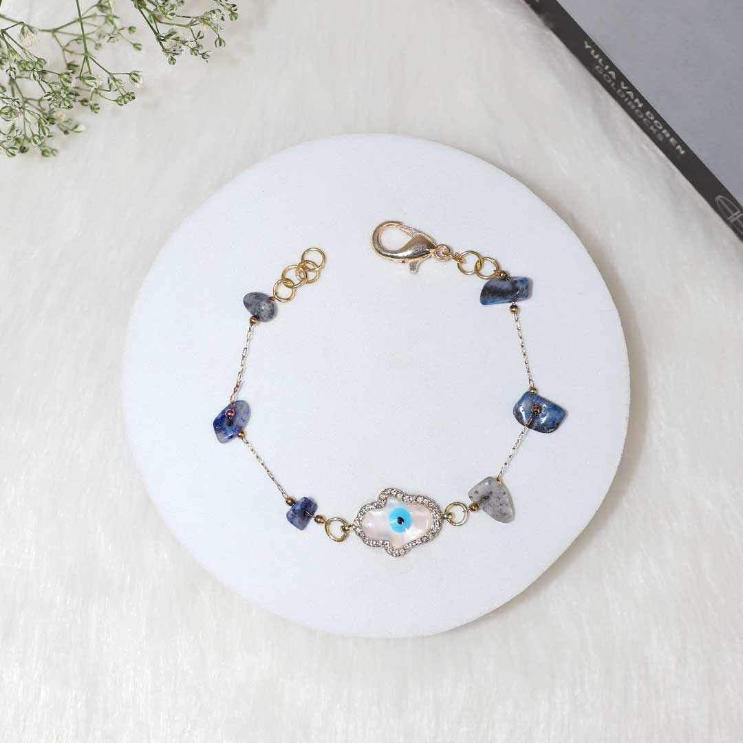 Lapis Lazuli Chips Hamsa Hand Charm Chain Bracelet