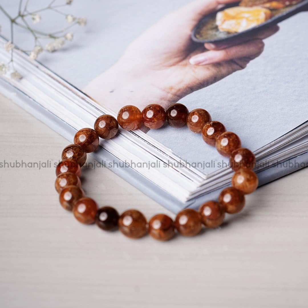 Hessonite 8 mm Round Bead Bracelet For Stress, Depression