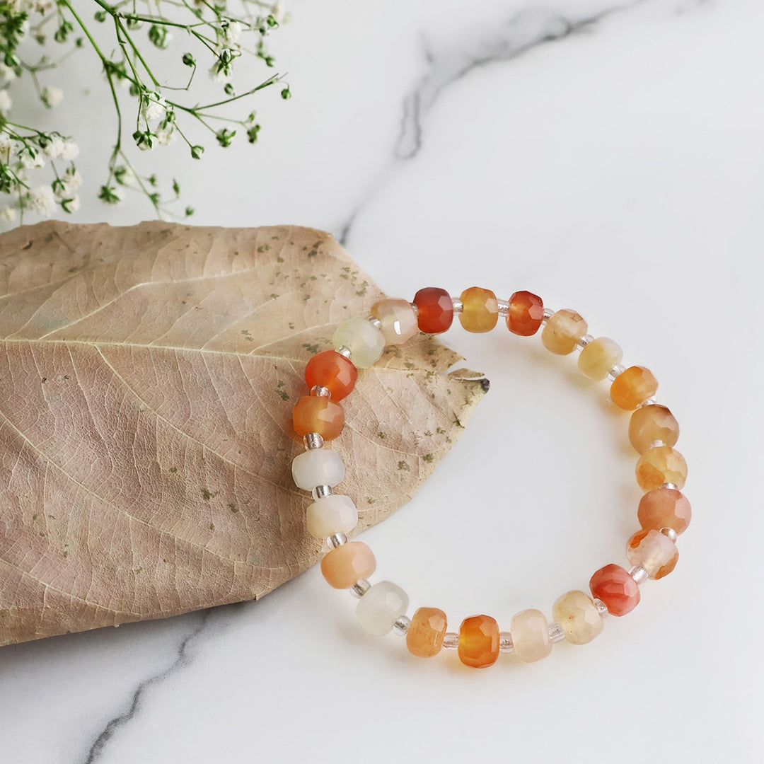 Red Carnelian Drum Faceted Beads Bracelet