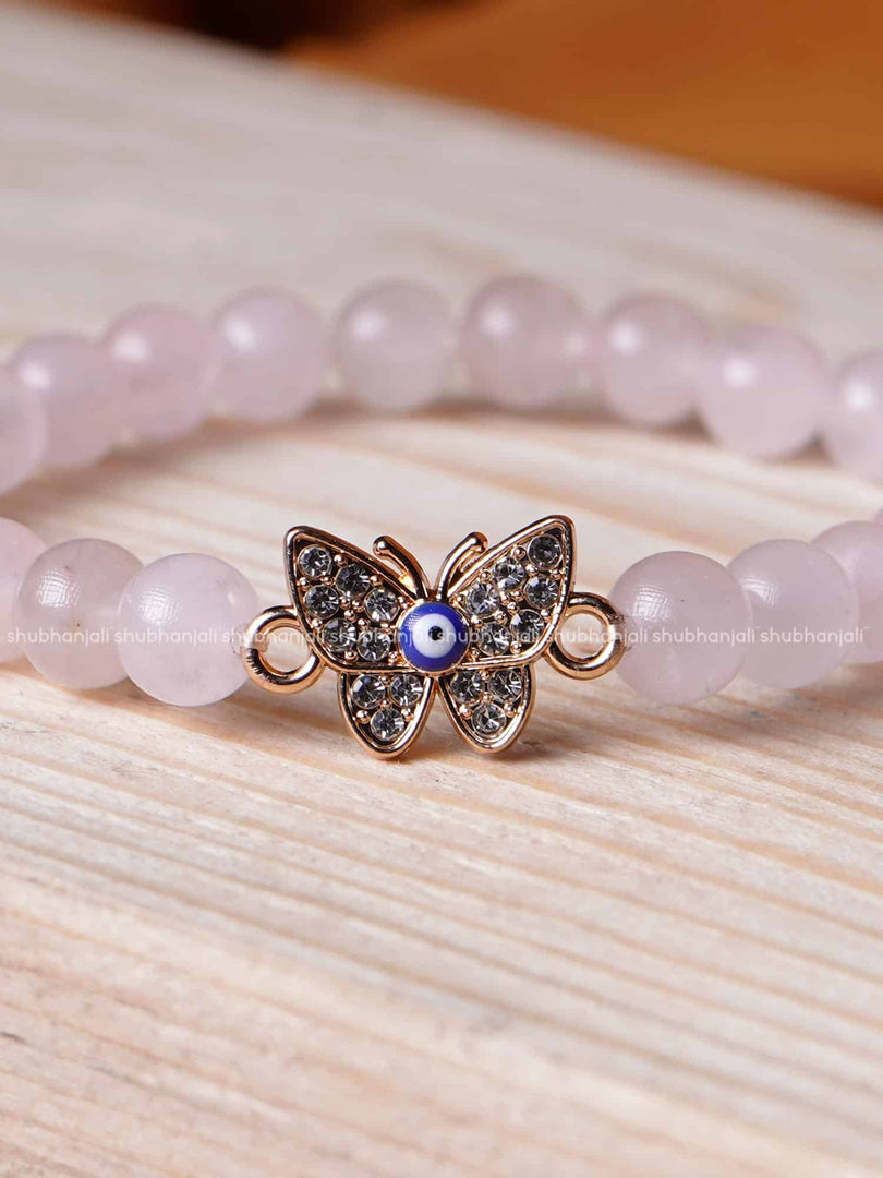 Rose Quartz Bracelet Evil Eye (Butterfly) 8MM