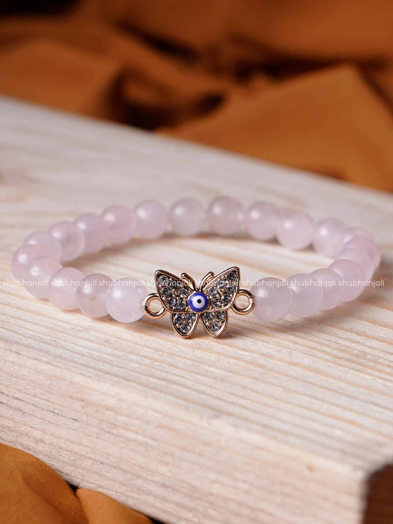 Rose Quartz Bracelet Evil Eye (Butterfly) 8MM