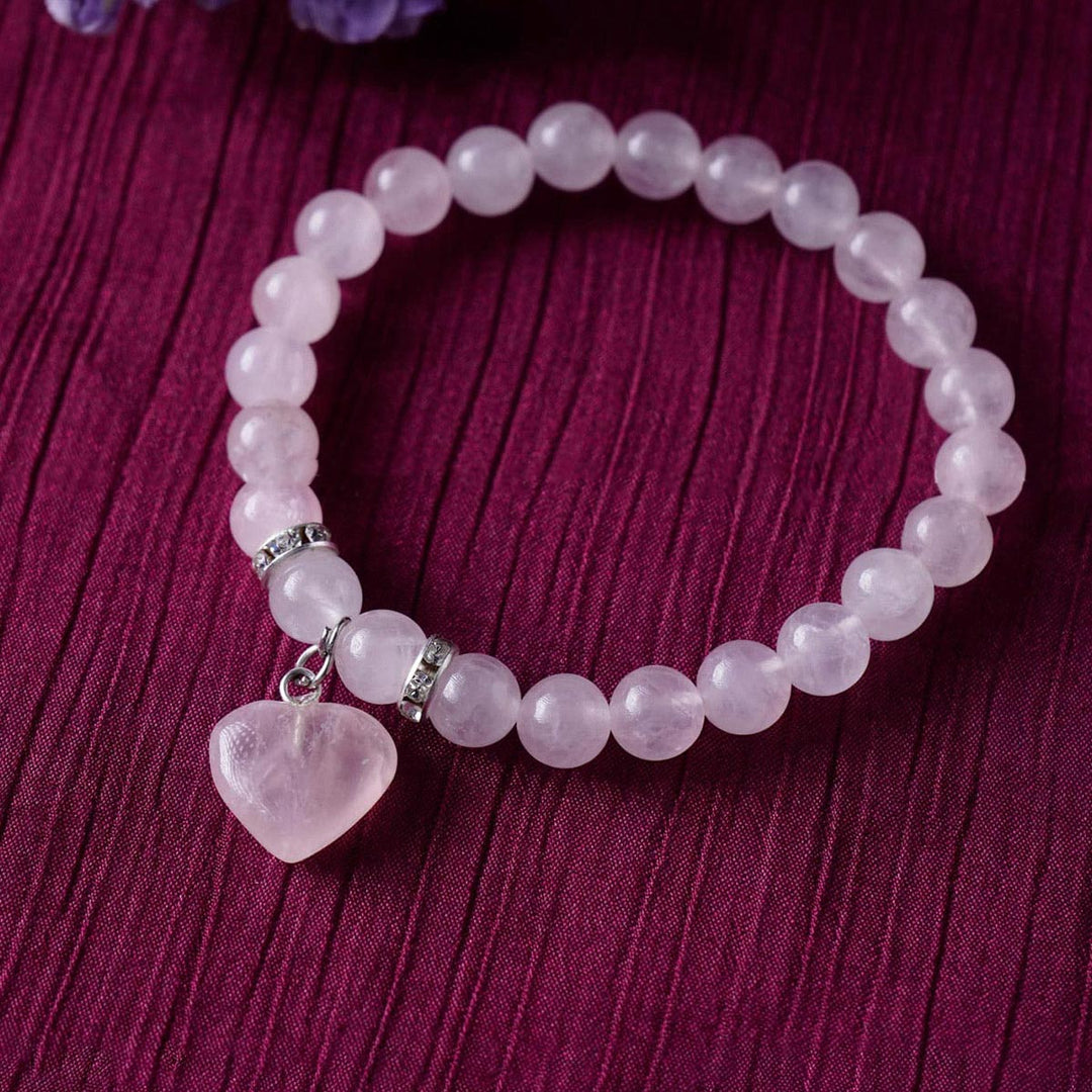 Rose Quartz Bracelet With Mini Heart Charm (8MM)