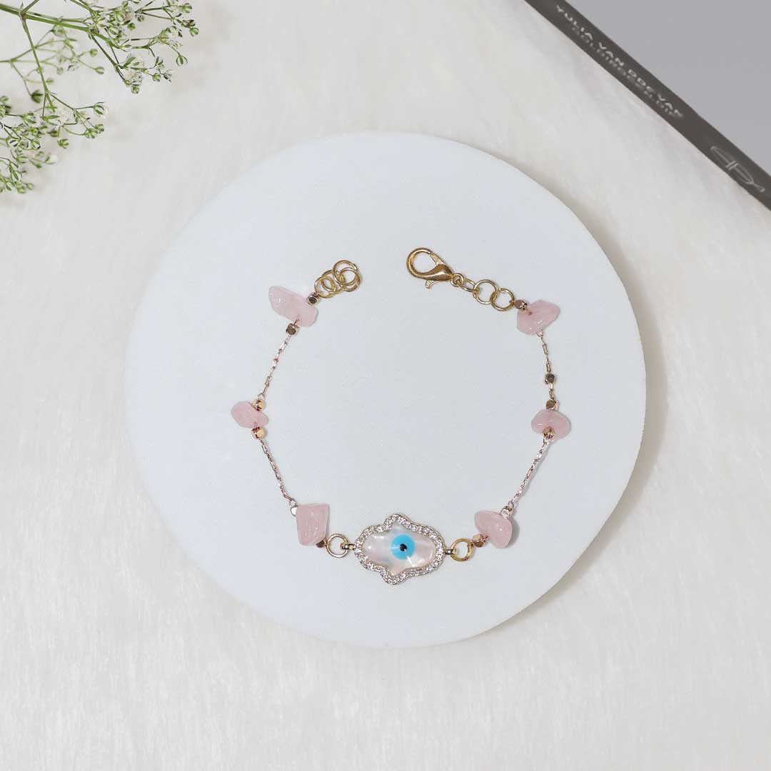 Rose Quartz Chips Hamsa Hand Charm Chain Bracelet