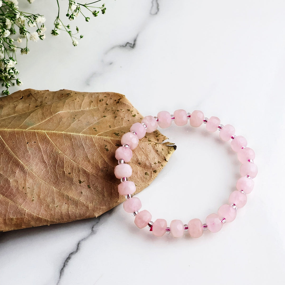 Rose Quartz Drum Faceted Beads Bracelet