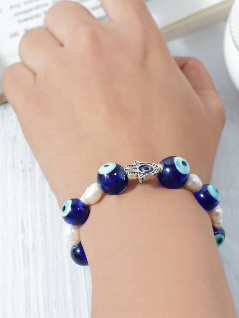 Shop Evil Eye Pearl Hamsa Hand Customized Bracelet