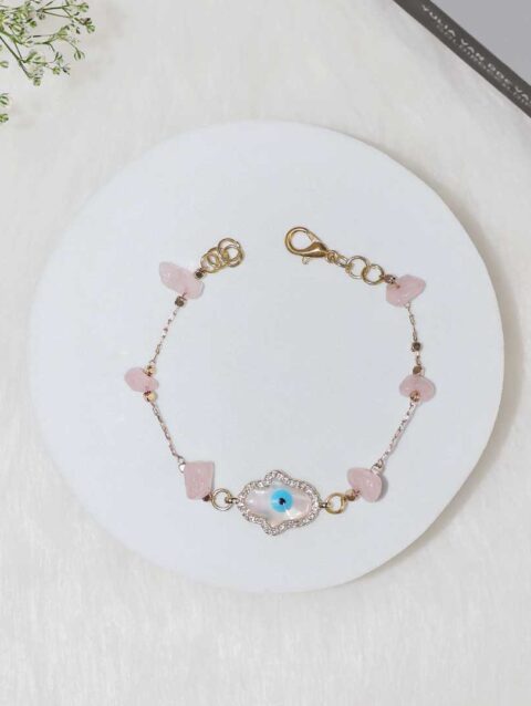 Shop Rose Quartz Chips Hamsa Hand Charm Chain Bracelet