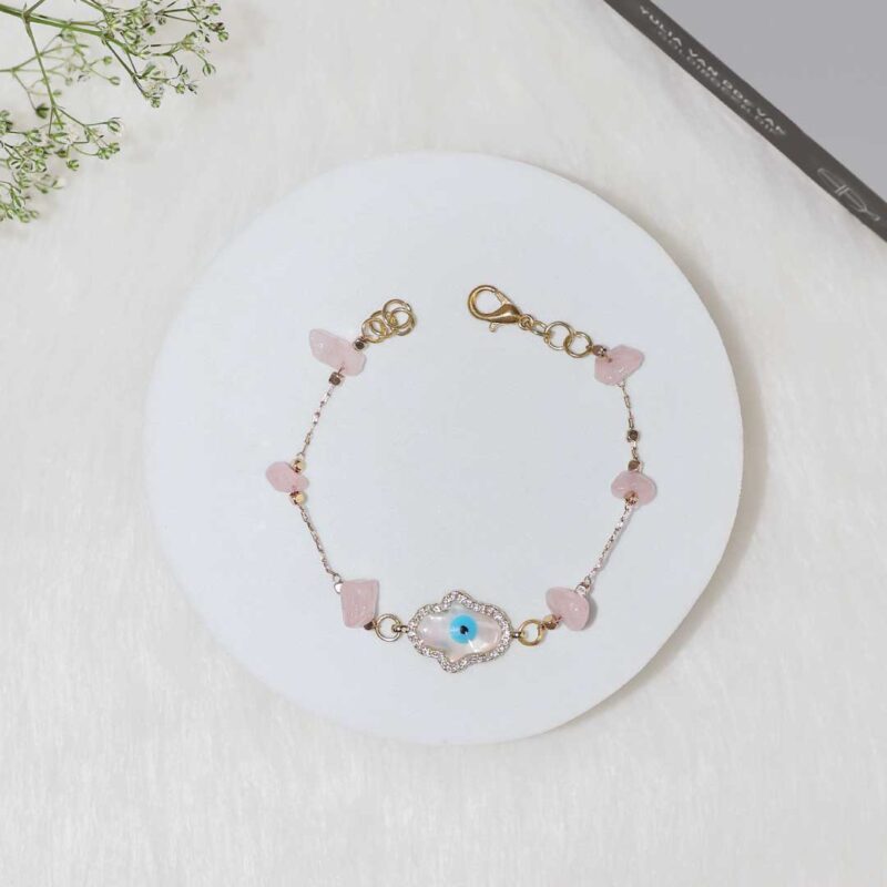 Shop Rose Quartz Chips Hamsa Hand Charm Chain Bracelet