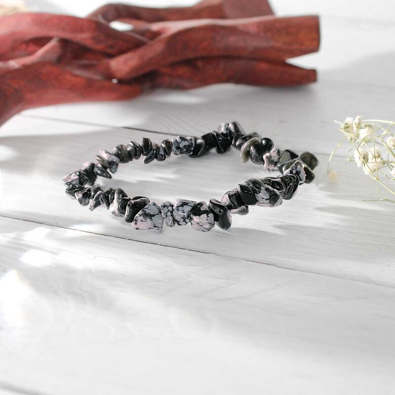 Snowflake Obsidian Chips Stone Elastic Bracelet